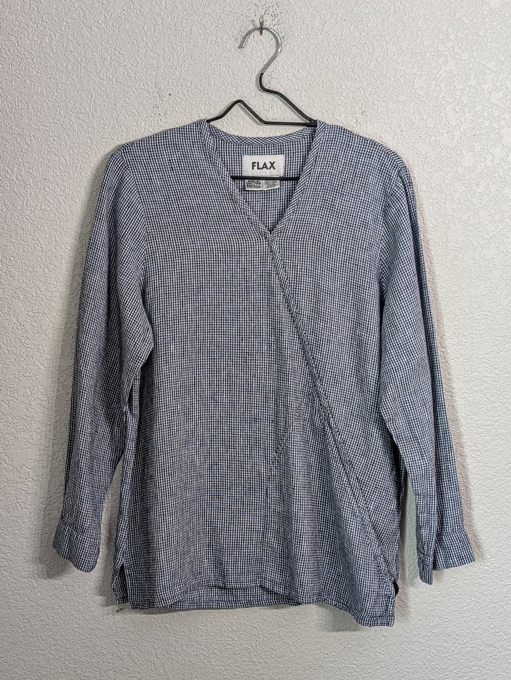 FLAX 100% Linen Navy White Gingham Top Size Small Faux Wrap Long Sleeve Pocket